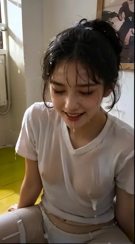 1girl,low tied hair,black hair,looking at viewer,best quality,indoors,open mouth,high quality,small breasts,hair ribbon，student,white shirt,panty,close up,cute,stocking ,(wet_clothing,:1.4)cum in mouth,close up,(cum_drip,)(_juice,)(((evil smile,)))sweats,(...