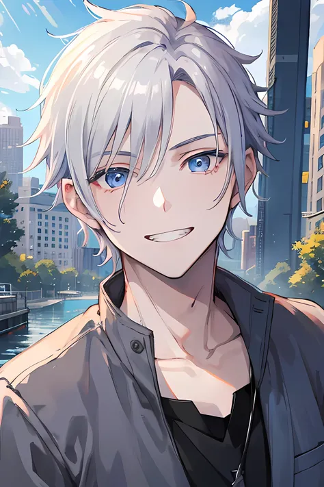 Young man, grey hair, blue eyes, toothy smile face, handsome man, casual wear, cool boy, bad boy, tall man, scenery background, pose, close up, hd, hd, 