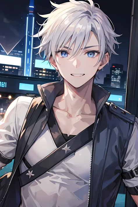 Young man, grey hair, blue eyes, toothy smile face, handsome man, casual wear, cool boy, bad boy, tall man, close up, dark city background