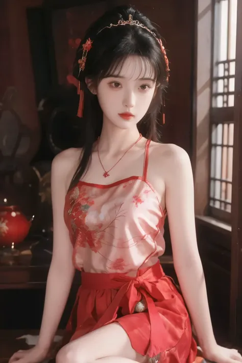 is the best quality, masterpiece, High Aims, 1 girl, Beautiful red Hanfu, Hair ornaments, necklace, ornament, pretty face, When the body, Tyndell effect, Realistic portrait, Dark Studio, Edge lighting, Bicolor Light , (very delicate skin:1.2), 8,000...