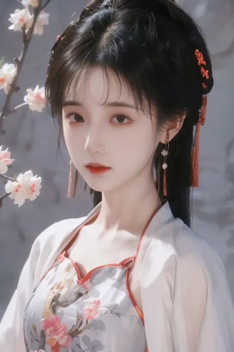 ( masterpiece, Top Quality, Best Quality, official art, Beautiful and Aesthetic:1.2), (1 Girl:1.3), flat chest, extremely detailed,(Fractal Art:1.1),(colorful:1.1)(Flowers:1.3),Highest Detail,(dynamic pose), (grey background:1.3), (The portrait of Nezha i...