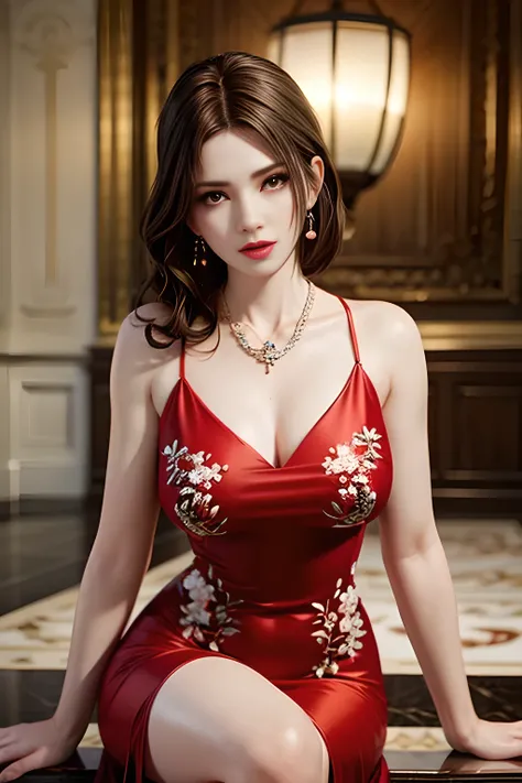 A beautiful woman wearing a red and white dress with floral embroidery, modern and stylish design, sitting at a marble table in a modern indoor environment with a round light fixture in the background, long wavy hair, elegant makeup, wearing long earrings ...