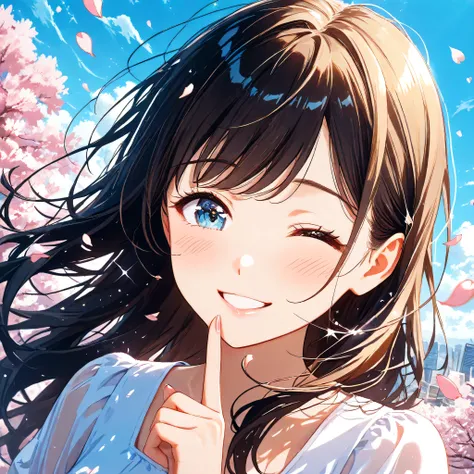 A young smiling beautiful woman blowing in the calm wind in spring, spring breeze, She puts her index finger to her lips in a haughty smile and whisper “Secret.”, A single beautiful lady with so many cherry blossom petals with spring wind, she is with cher...