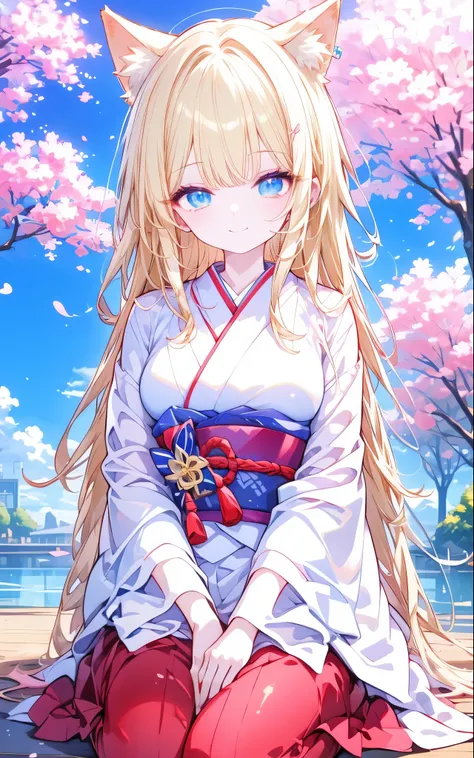 (((masterpiece、best quality、 nothing 、16k))) (   ladies 1)、Amazing cherry blossom blizzard background、Multiple cherry trees、( fox ears、shrine maiden costume、  kimono、Long Blonde Hair、red skirt)、( やわらかなsmile )、standing pictures、  large landscape photography...