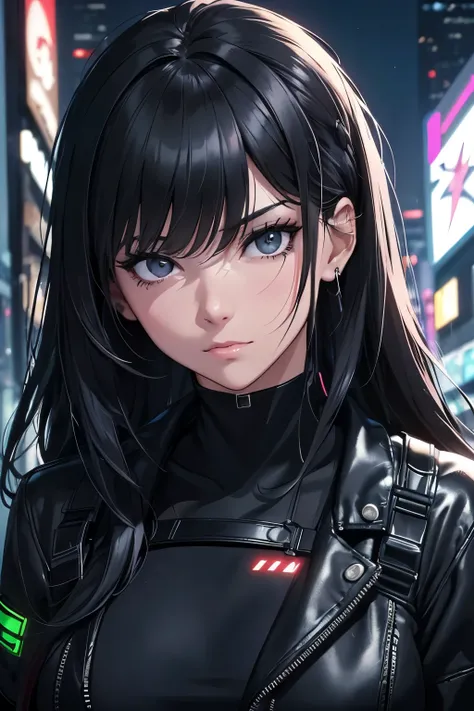 a beautiful adult woman, age group 30 years ,           black eyes with long hair tied with bangs,       open in front      ,  black eyes matching short black dress shirt , tactical style  ,   in a nighttime setting     , with neon gloves cyberpunk, ,looki...