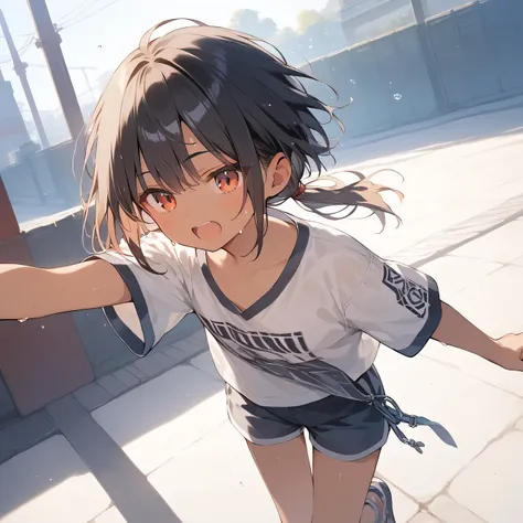 score_9, score_8_up, score_7_up, source_anime, best quality, masterpiece, official art, absurdres, highres, ultra-detailed,waifu2x, break,1girl, little tomboy, dark-skinned female, short hair, low ponytail, short ponytail, beautiful detailed eyes, flat che...