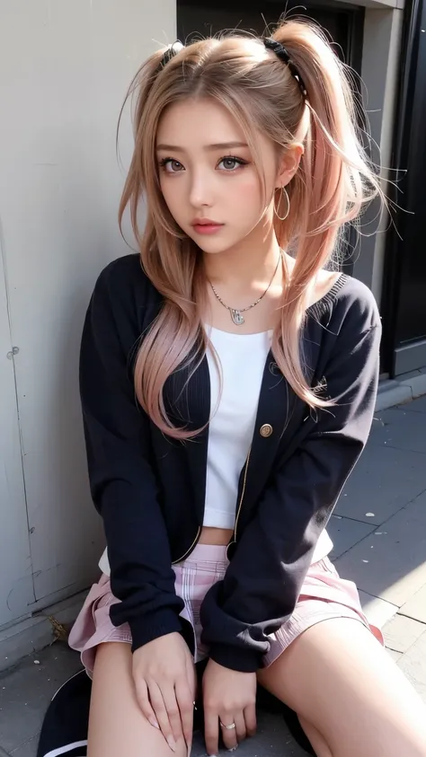 sunburn:1.5、 beautiful jacket 、Gal clothes、( top quality , 8k, masterpiece, RAW photo : 1.3), beautiful Korean woman with good proportions , toned、 ( Highlight color hair pink 、 ear piercings、 necklaces、 twin tail on leg ヘア), Women's...