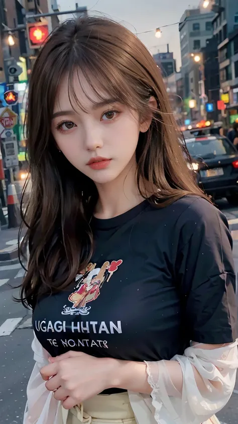 (Best quality, High resolution, Masterpiece :1.3), A pretty woman, Slender figure, Dark brown hair, T-shirt, (Street in city at night), Highly detailed face and skin texture, Detailed eyes, Double eyelid