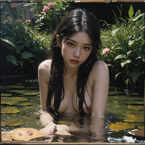 (oil painting:1.5),
\\
a woman with (long curtly hair ), ((green eyes)) is lie on the ground, peony, in water, (amy sol:0.248), nude , with  dress,  (stanley artgerm lau:0.106), (a detailed painting:0.353), (gothic art:0.106)