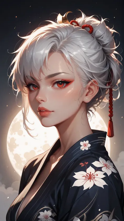 A 35-year-old woman with short, slightly messy white hair and deep red eyes, wearing a dark-toned Japanese yukata with a minimalist pattern. She maintains a composed and distant expression, her head slightly turned to the side, her eyes looking downward as...