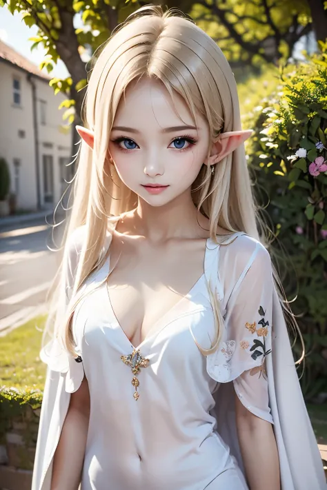 
masterpiece,top quality,in white for summer very detailed,photorealistic,realistic, ultra high resolution, Masterpiece,fantasy,Elf Girl,elegant,Age 15, very long blonde,thin, perfect eyes,slender,(flat chest),so cute, gorgeous clothes ,hair ornament,gem,e...