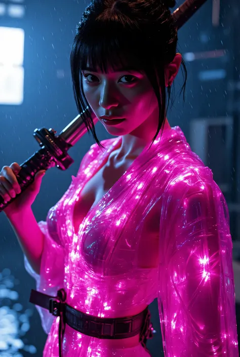 (((The pitch-dark interior of the Nostromo ship:2.0))),((( HR Gigger style cyberpunk atmosphere :2.0))),(((Fight with a cyberpunk-style Japanese sword:2.0))), combat posture,((full body:2.0)),One Woman,Female Samurai ,(Cute Face:1.5),(Beautiful well-balanc...