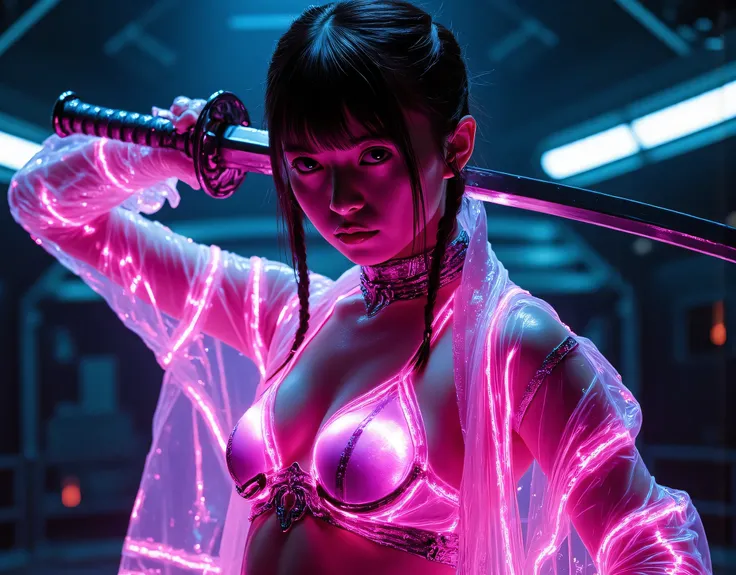 (((The pitch-dark interior of the Nostromo ship:2.0))),((( HR Gigger style cyberpunk atmosphere :2.0))),(((Fight with a cyberpunk-style Japanese sword:2.0))), combat posture,((full body:2.0)),One Woman,Female Samurai ,(Cute Face:1.5),(Beautiful well-balanc...