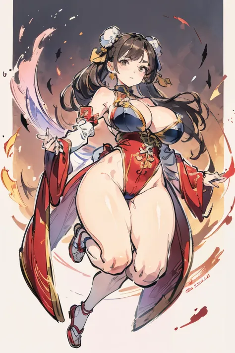 future,COSPLAY mature woman ，dress up like chun li。，open her legs， Young girl ，Full figure，  waist 100 cm or more  ，Thick Legs， plump thighs ， Fleshy thighs ， Fleshy Thighs ,messy curve hairstyle， beautiful woman， permanent ，Long Legs，full body,8k，details，...