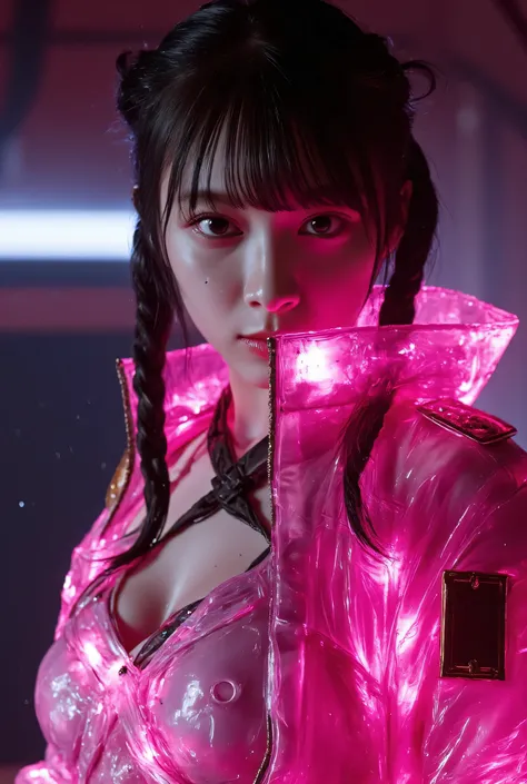 (((The pitch-dark interior of the Nostromo ship:2.0))),((( HR Gigger style cyberpunk atmosphere :2.0))),(((Fight with a cyberpunk-style Japanese sword:2.0))), combat posture,((full body:2.0)),One Woman,Female Samurai ,(Cute Face:1.5),(Beautiful well-balanc...