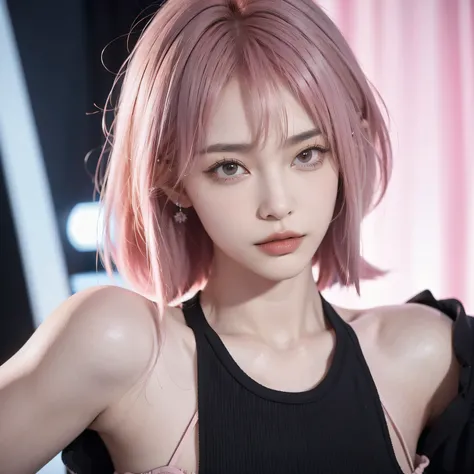 Make a image for novel,bangs hair,pose, looking at viewer, unique,celebrity,sexy,flat chest,woman,pink hair, close up photo, modern theme, Billionaire.