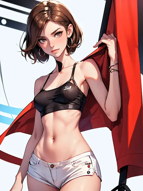 (masterpiece), best quality, expressive eyes, perfect face, nightclub background), (standing), (smirk), (closeup view), (1girl, blaire ivory,  brown hair ,slender figure, thin body, skinny body, petite_body, medium breasts, slim thighs, long fingernails, ,...