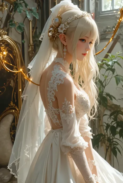  best quality , Super quality, 16k,  Unbelievably Absurd,  very detailed,  lovely photo,  delicate and dynamic,  Kiri Reina female,  seductive smile,  pure white wedding dress ,  great style , bouquet,  steampunk,  DIESEL PUNK ,  clock punk ,  cyberpunk, G...