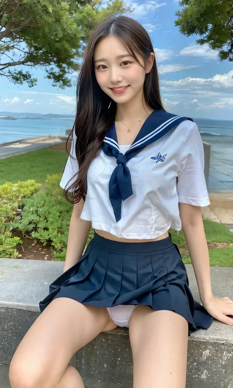 (ultra best quality、超A high resolution、８ｋ、​masterpiece:1.3)、Beautiful Women in Perfect Figure：1.5、japanese sailor suits、middle school girl、Navy blue pleated skirt、(Age is１４years old)、（Lori face）、(White panties visible from the crotch)、sitting on、The best s...