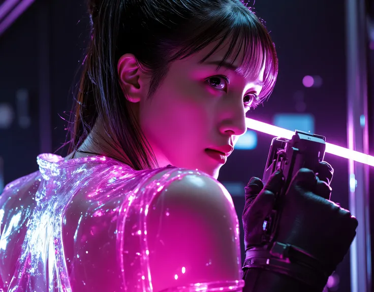 (((The dark interior of the Nostromo ship :2.0))),((( HR Gigger style cyberpunk atmosphere :2.0))),(((Hold a laser rifle in the shape of a large male penis:2.0))),side view from the back,Side pose,((looks back and look at the camera:2.0)),(( looking back o...
