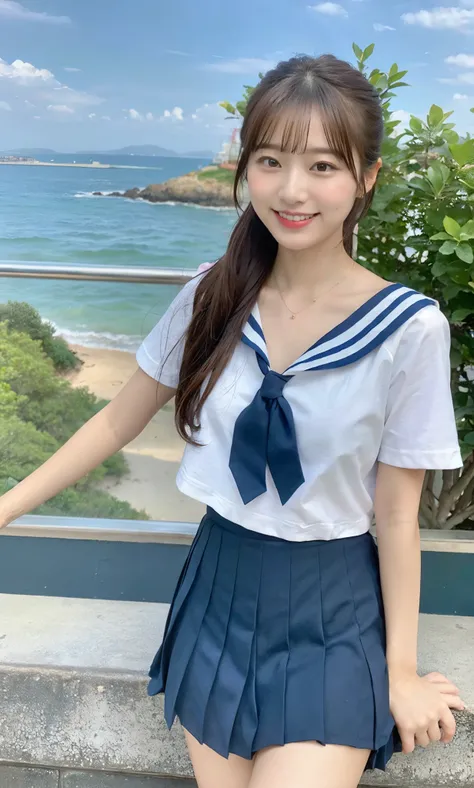 (ultra best quality、超A high resolution、８ｋ、​masterpiece:1.3)、Beautiful Women in Perfect Figure:2、Kogal fashion、japanese sailor suits、Age is２５years old、Navy blue pleated skirt、The whole body is in the viewer、The best smile、Beautiful scenery、School bag、On a h...