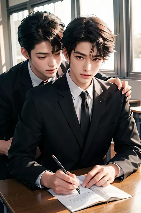 Two Japanese men　　handsome　　smile　In the classroom　　window　二人共にBlack school run　school uniform　Black school run　 boys love cartoon　　The two are good friends.　Future Classroom 　Outside the window is early spring　there is only one cherry tree　　二人共にBlack scho...