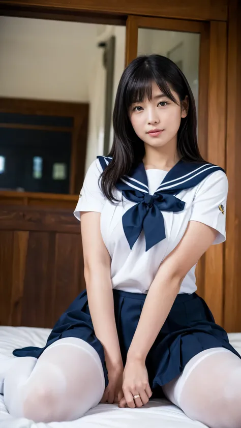 ((8k、high resolution、top quality、high resolution)))alone、natural body shape、white skin、natural makeup、((  black hair、bungs、 straight long hair))、((日本のsailor suit))(school uniform 、sailor suit、dark blue pleated skirt with the front door open、Red school tie)...