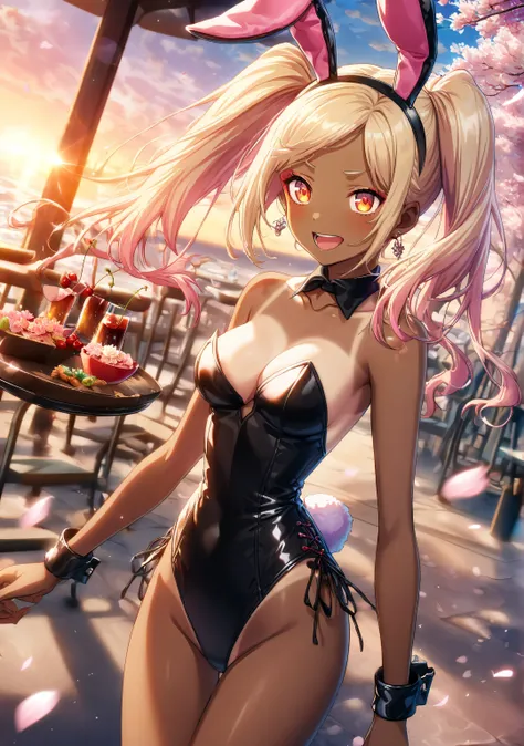 1 girl, Game CG, 

shallow depth of field, a portrait with a soft Gaussian blurred background, creating a dreamy atmosphere, focus on face, dutch angle, full-body shot, side shot, profile, looking viewer,

A charming bunny girl gracefully carries a tray wi...