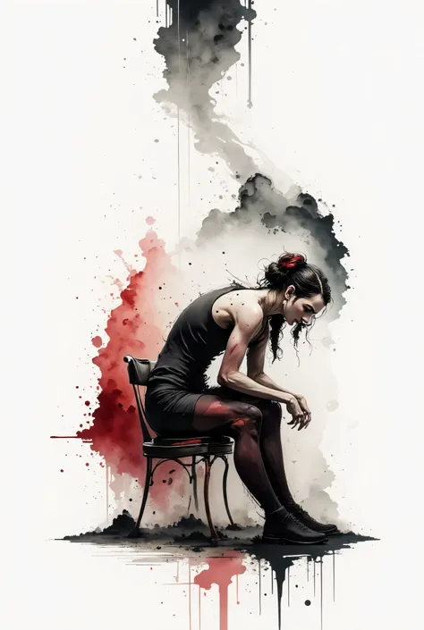 a watercolor painting of a solitary feminine figure curved forward in a chair against a minimal background, inspired by Egon Schiele, surrounded by bleeding washes of dark crimson, charcoal and black smoke, with ink splatters cascading from above symbolizi...