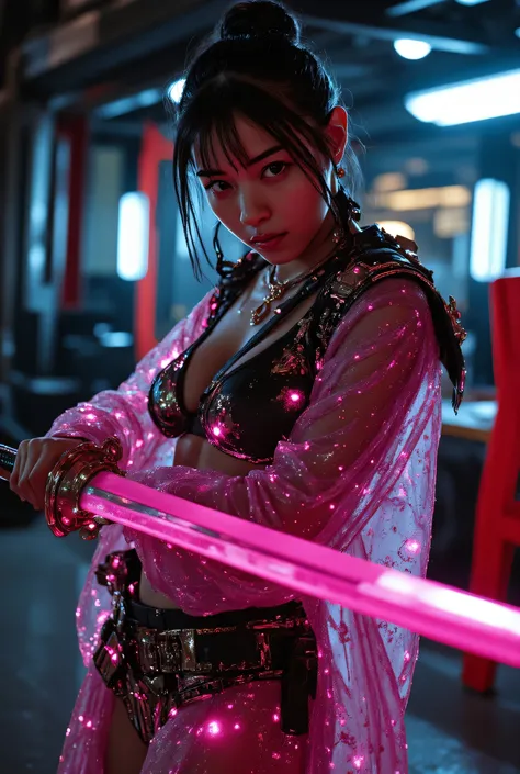(((The pitch-dark interior of the Nostromo ship:2.0))),((( HR Gigger style cyberpunk atmosphere :2.0))),(((Fight with a cyberpunk-style Japanese sword:2.0))), combat posture,((full body:2.0)),One Woman,Female Samurai ,(Cute Face:1.5),(Beautiful well-balanc...