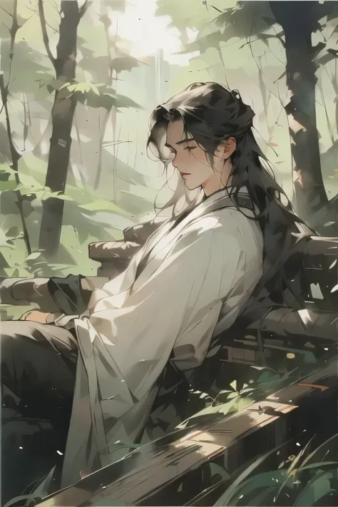 (Best Quality), masterpiece,Top Quality,one person,Hanfu,antiquity, man,Mild masculine,In the sun,napping,Chinese mountain forest, Realistic skin texture, Highly Detailed, 8k wallpaper, , masterpiece, Super Details, super detailed, Delicate facial feat...