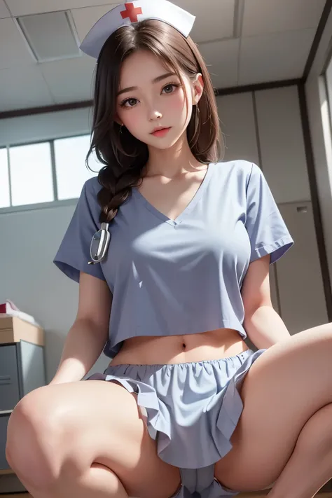 masterpiece.best quality.high resolution.1girl .20yo(.(nurse:1.2)). hospital,.cowboy shot.looking at viewer.locker room.brown hair.middle hair.single braid.naughty face.open . (.frill panties)),.squatting.skirt liftfr.bare breasts.((clothed))