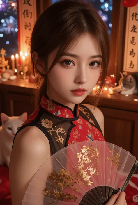 Cat ears、 face up, attractive, pretty girl, ponytail、 (( fine facial features , eroticism)), dramatic lighting , realistic , 8k, Dramatic Shadows , intricate and elaborate patterns , super detailed photo , chiaroscuro lighting , Pleasant colors , deep cont...