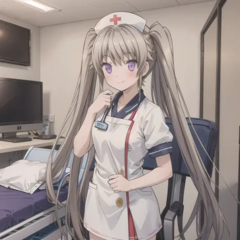 A breathtakingly beautiful 20-year-old woman stands in a warmly lit hospital room, dressed in a white mini-skirt nurse uniform with a matching cap. Her shy smile adds a touch of charm, while the surrounding medical equipment and furnishings create an authe...