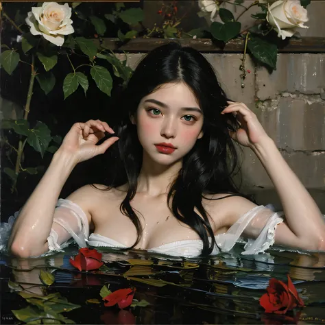 (oil painting:1.5),
\\
a woman with (long curtly hair ), ((green eyes)) is lie on the ground, roses, in water, (amy sol:0.248),with  dress,  (stanley artgerm lau:0.106), (a detailed painting:0.353), (gothic art:0.106)