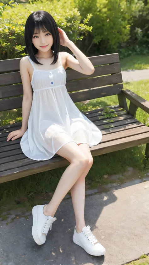  top quality、  natural depiction、  nothing 、  details、delicate、Very high degree of perfection 、 Beautiful Body Lines,Girls are middle school students  １Grade、   black hair、Cute girl's eyes、Best ratio、 小さなchest、 (((Satoko Hojo)))、shoes 、(I'm wearing a summe...