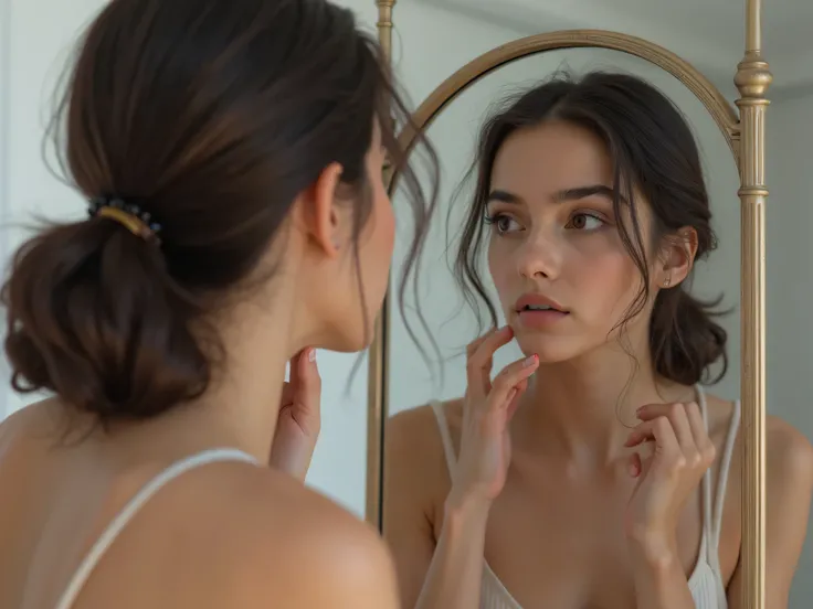 Practicing in front of the mirror with a female model: Trying facial expressions and poses can give you confidence during a photo shoot.