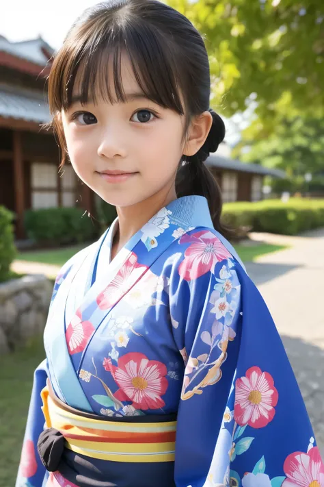 A beautiful elementary school student, one , Floral pattern on kimono 、Bust、I&#39; drinking tea and relaxing 、top quality、Hair is black、smile, I'm drinking steaming greentea,bust up, Cherry blossoms in the background , squats,Tight lower body,looks at the ...