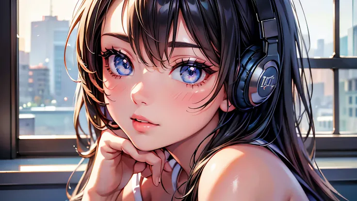 a young woman in a retro anime-style cafe, rain outside the window, drinking coffee, wearing headphones and listening to music alone, cityscape view, chillwave, lo-fi aesthetic, elegant cafe counter, cozy interior, (best quality,4k,8k,highres,masterpiece:1...
