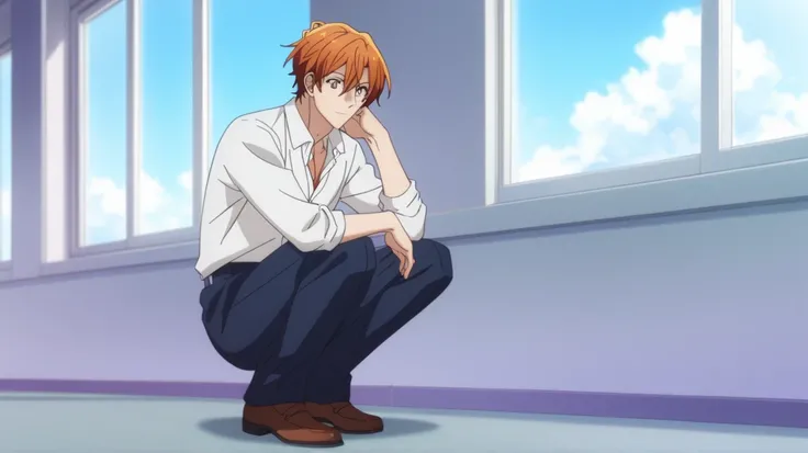 man, un  man, short hair, orange hair, brown eyes  , navy blue school pants, white school dRess shiRt,     Arrogant smile,  crouched posture, En cuclillas,   On the schoolyard  , sitting on the floor,   cloudy sky  , gray rain clouds,Anime by Sasaki Shumme...