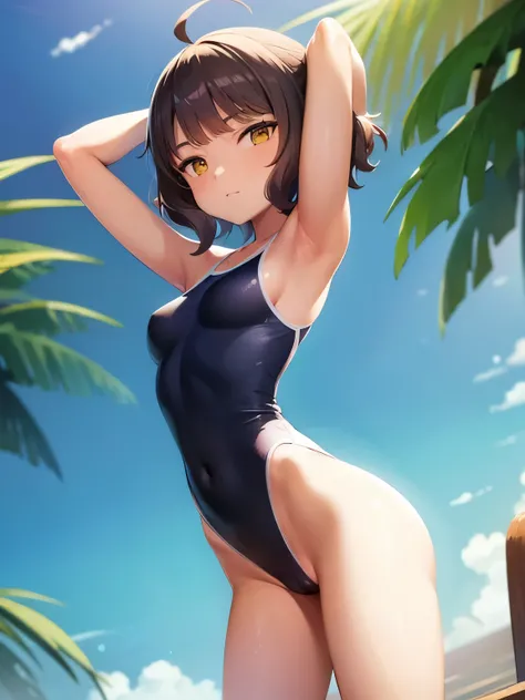 masterpiece, BREAK kishinami \(kancolle\), ahoge, brown hair, short hair, wave hair, yellow eyes, blunt bangs, BREAK (Attractive armpits:1.2), BREAK (high leg school swimsuit:1.4), (cameltoe:1.4), BREAK (hands behind head:1.4), BREAK 1girl, nsfw, uncensore...