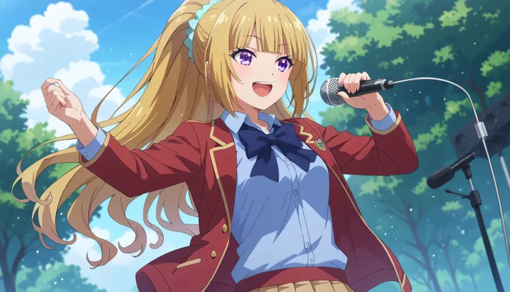 score_9, score_8_up, score_7_up, solo, 1girl, source_anime, keikaruizawa, kei karuizawa, long hair, bangs, blunt bangs, blonde hair, hair ornament, violet eyes, ponytail, scrunchie, blue scrunchie, cowboy shot, sing, singing, open mouth, mic, holding mic, ...