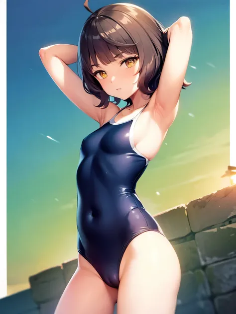 masterpiece, BREAK kishinami \(kancolle\), ahoge, brown hair, short hair, wave hair, yellow eyes, blunt bangs, BREAK (Attractive armpits:1.2), BREAK (high leg school swimsuit:1.4), (cameltoe:1.4), BREAK (hands behind head:1.4), BREAK 1girl, nsfw, uncensore...