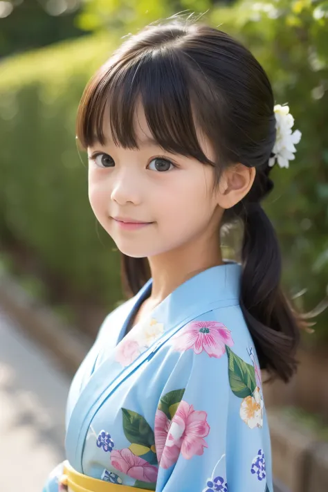 A beautiful elementary school student, one , Floral pattern on kimono 、Bust、I&#39; drinking tea and relaxing 、top quality、Hair is black、smile, I'm drinking steaming greentea,bust up, Cherry blossoms in the background , squats,Tight lower body,looks at the ...