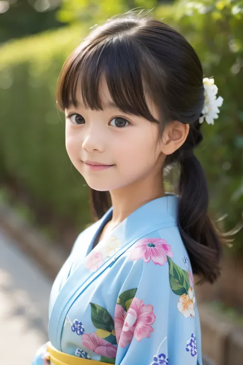 A beautiful elementary school student, one , Floral pattern on kimono 、Bust、I&#39; drinking tea and relaxing 、top quality、Hair is black、smile, I'm drinking steaming greentea,bust up, Cherry blossoms in the background , squats,Tight lower body,looks at the ...