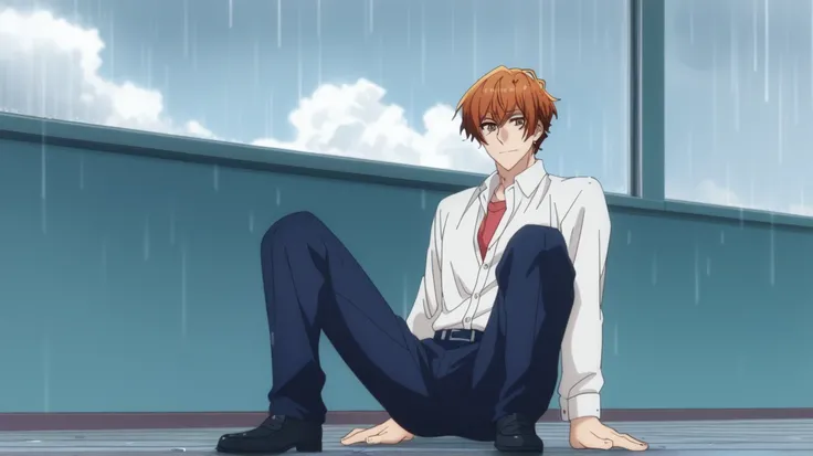 man, un  man, short hair, cabello naranja, brown eyes  , navy blue school pants, white school dRess shiRt,      Arrogant smile,  crouched posture, En cuclillas,    On the schoolyard   , sitting on the floor,    cloudy sky   , nubes de rain gris, rain ,Anim...