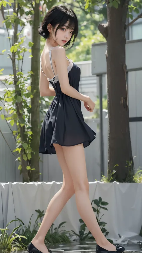 top quality、  natural depiction、  nothing 、  details、delicate、Very high degree of perfection 、 Beautiful Body Lines,Girls are middle school students  １Grade、   black hair、Cute girl's eyes、Best ratio、 小さなchest、 (((Satoko Hojo)))、shoes 、(I'm wearing a summer...