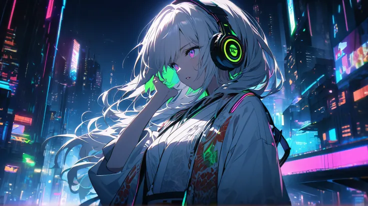  in white for summer very detailed ,  1 girl with an Oracle, Her hair color is flax-colored.、cyberpunk kimono,,     headphones  , RGB lighting      headphones  s with White light,     headphones   with cable, White light, city, night city