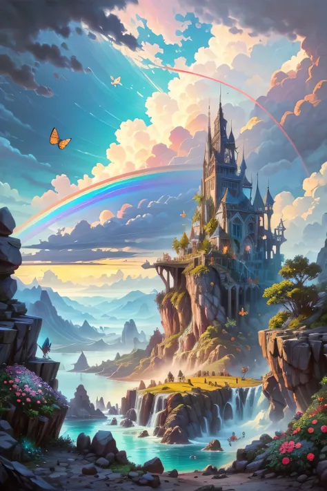  masterpiece,  an enchanted island full of rainbows, colorful flowers and butterflies .  beautiful sky and rocks in the distance.  Rock adventure landscape .  Top quality ,  Detailed.