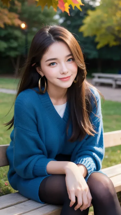 beautiful face and eyes with great attention to detail、female college students、Fall Fashion、smile、is sitting on a bench in the park late at night、 blushes, textured skin,earrings, garden, evening、Blue Eyes、 Hair,  hair to hide one eye, black tights